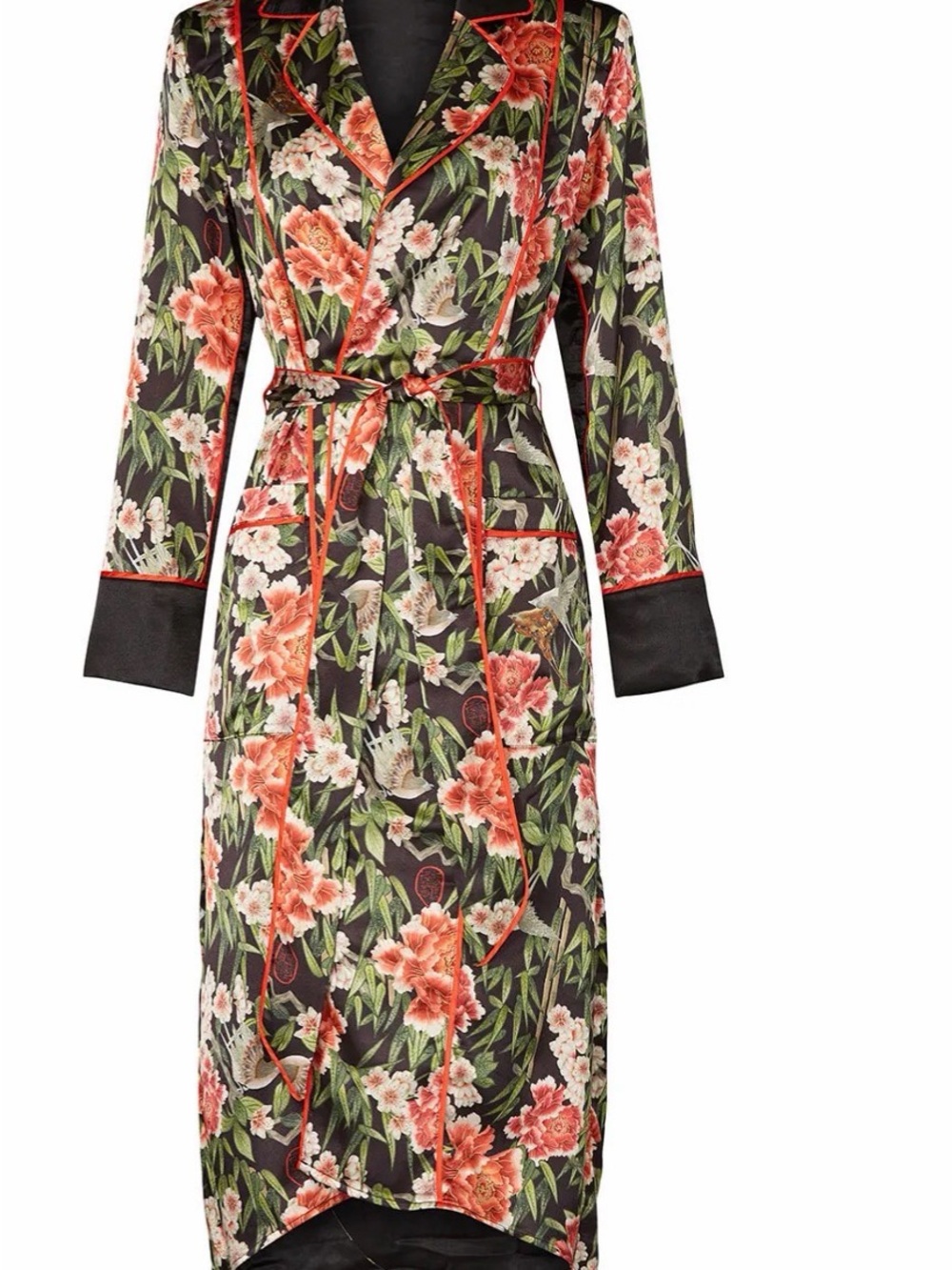 Floral Satin Wrap Robe in Black with Red Accents